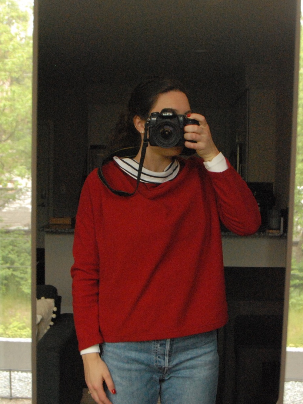 Red Cowl Neck Fleece purchased in France from Itoha; "JUMPER “BÉNITIER”"